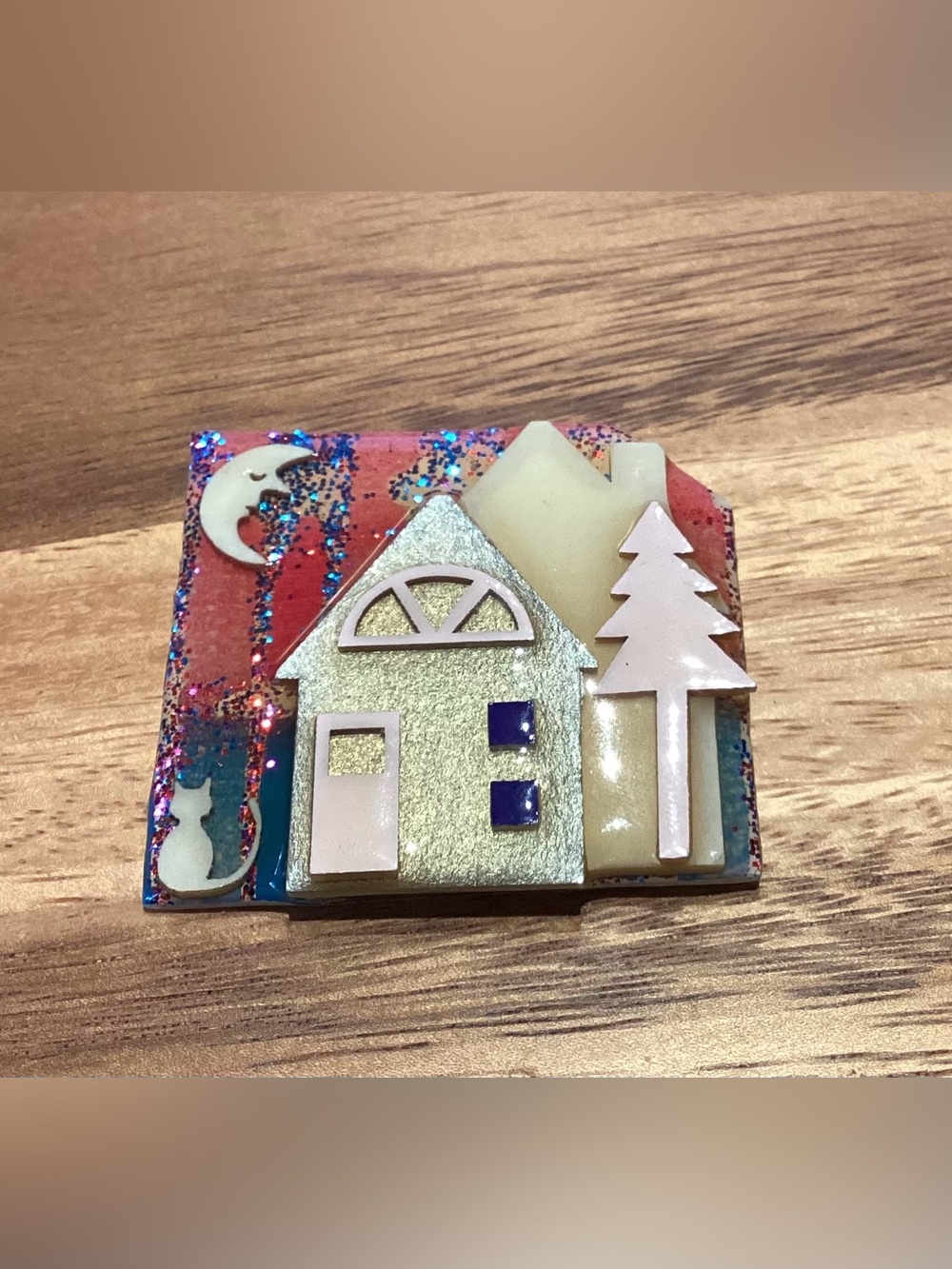 HOUSE PINS by Lucinda Whimsical pin brooch EUC Cat Moon House wearable art